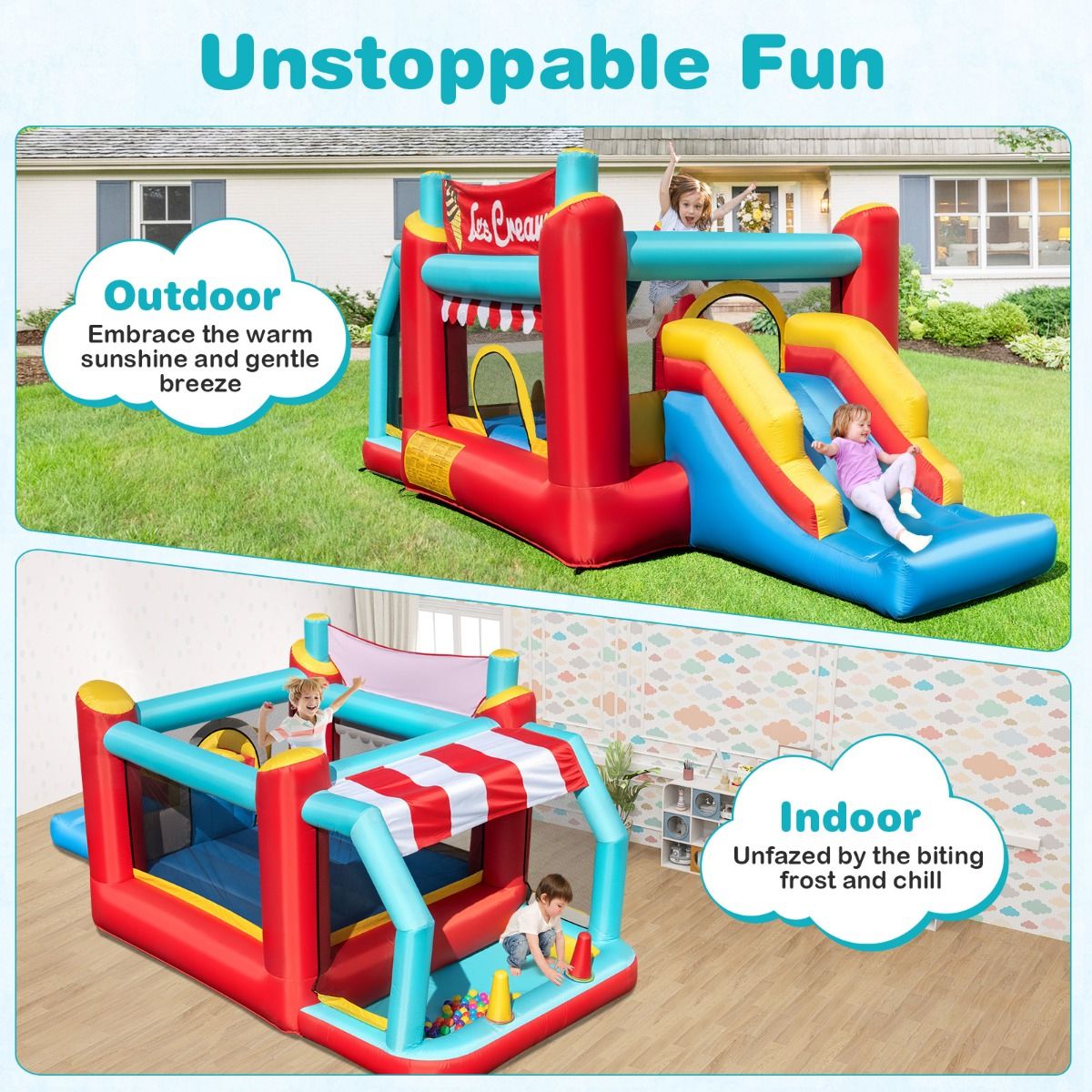 Structure gonflable Coast 5-en-1 - Toboggan - Piscine à balles - Panier de basket - Multicolore 485,5 x 239 x 206 cm