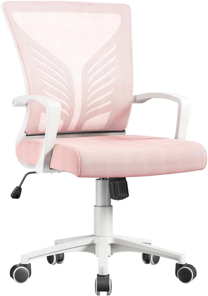 Chaise de bureau pivotante Yaheetech - Tissu maillé - Rose - Soutien lombaire ergonomique - Hauteur réglable - Fonction d'inclinaison