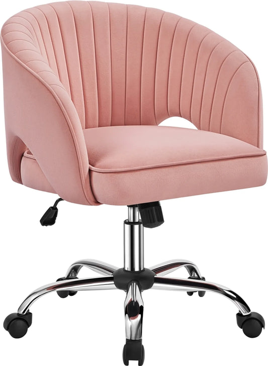 Yaheetech Chaise de bureau à bascule - Hauteur réglable par vérin à gaz, roues pivotantes à 360° et motif vertical - Pour bureau et salle de réception - Velours rose et métal - 60 x 56,5 x 73-83 cm
