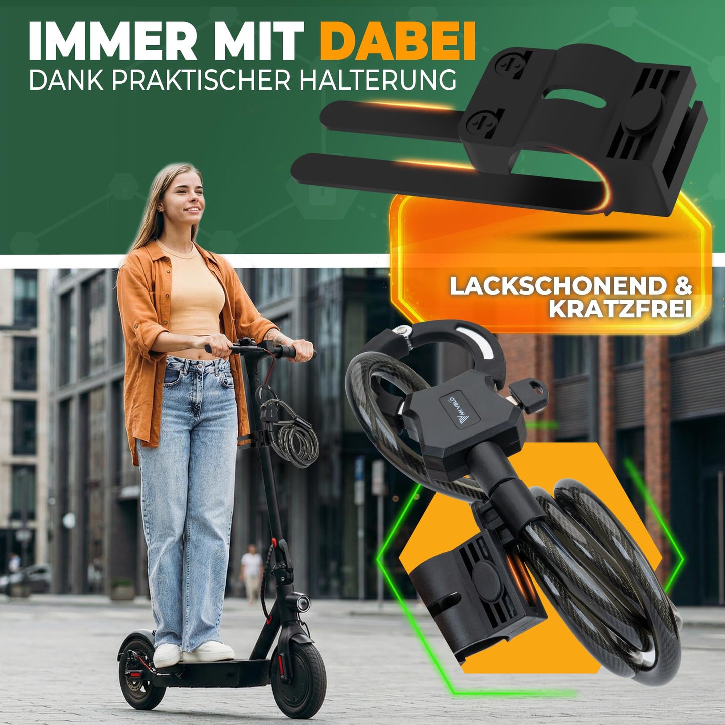 Antivol MIVELO pour scooter électrique - câble antivol en forme de menottes de 120 cm - avec clé et support - âme en acier pour scooter et vélo