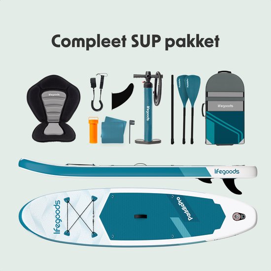LifeGoods SUP Board All-round Compact - avec siège - capacité de charge de 100 KG - 300 x 76 cm - gonflable - ensemble complet de SUP - Deep Aqua