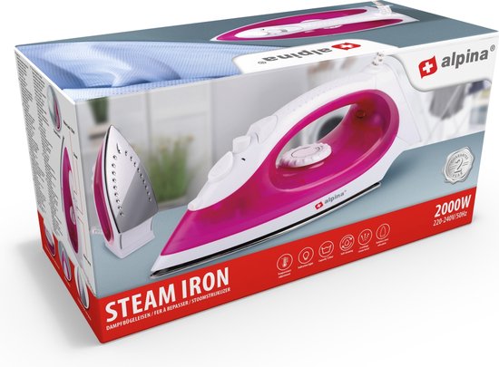 alpina Fer à vapeur - 2000 Watt - Température sans palier - Vapeur boost - Fonction spray - Semelle en acier inoxydable - Rose