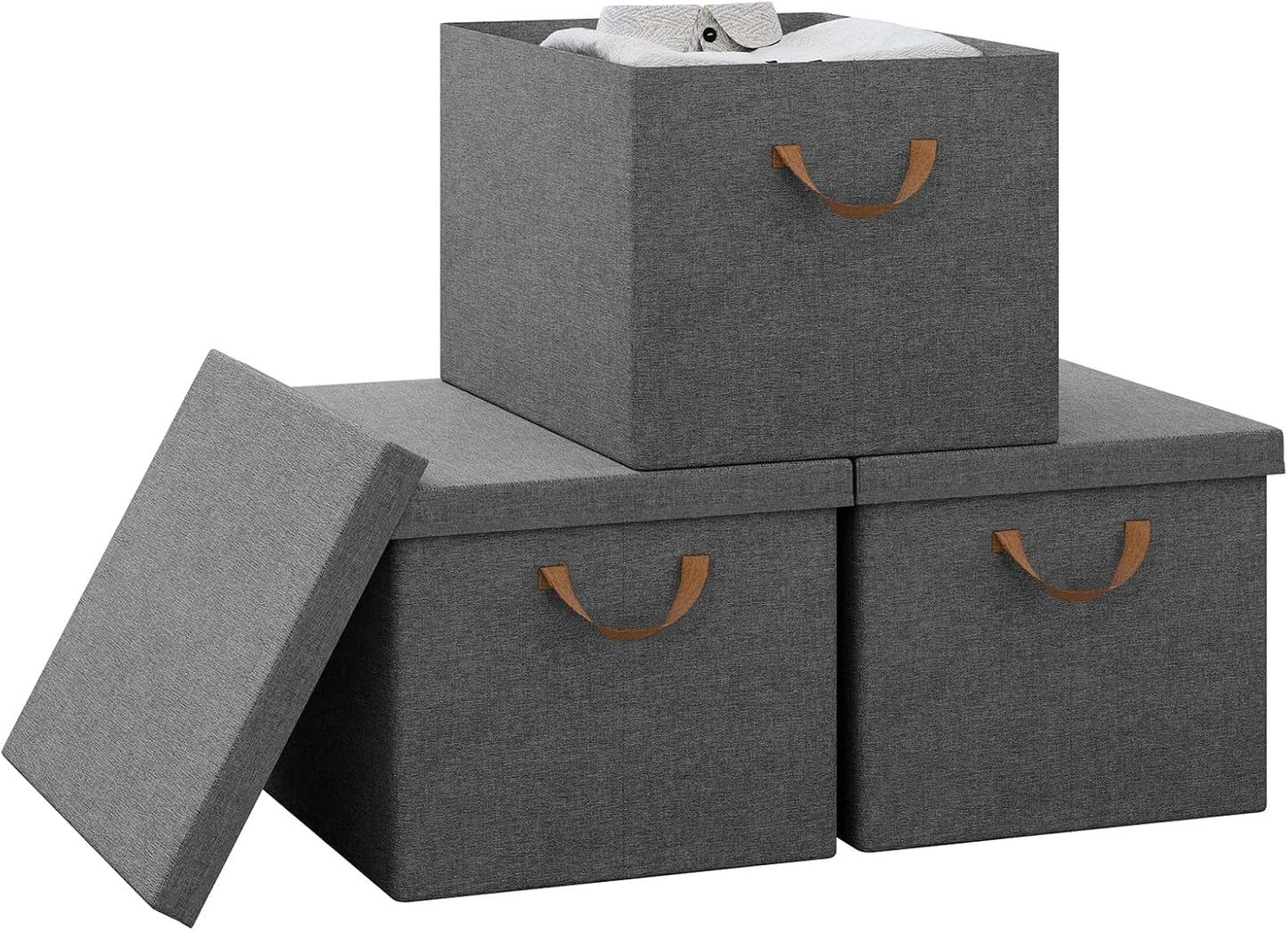 WOLTU Boîte de rangement avec couvercle, lot de 3, pliable, grise, 48 x 36 x 30 cm, ABB04gbn-3