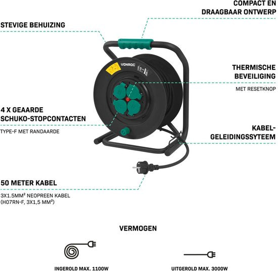 VONROC PRO Enrouleur de câble 50m - IP44 - Câble néoprène H07RN-F 3x1,5 mm² - 4 prises Schuko mises à la terre - 3000W (déroulé)/1100W (enroulé) - Âme solide - Protection thermique