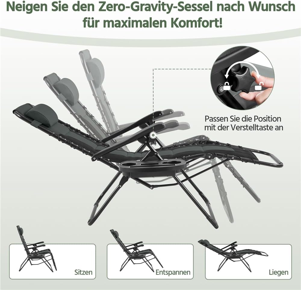 Chaise longue solaire Yaheetech Zero-Gravity à dossier réglable - Noir et gris - 165 x 64 x 69 cm