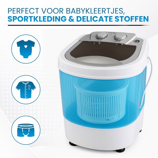 Vonia Mini Washer - Petit lave-linge - Avec essorage et chargement par le haut - Capacité de lavage 2,6 kg - Efficace sur le plan énergétique - Blanc/Bleu