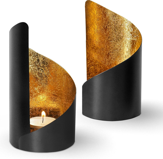 Gadgy Porte-lampes Twist - Lot de 2 - 16 x Ø8,5 cm - Porte-lampes - lampe à vent - noir / or - métal
