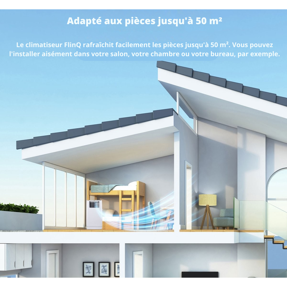 Climatiseur Mobile Intelligent FlinQ avec Tuyau de Drainage – 13 000 BTU – Fonction Sommeil Silencieux – Rafraîchit jusqu’à 50 m² – Avec Application et Télécommande – 41,5 x 41,8 x 79 cm – Blanc