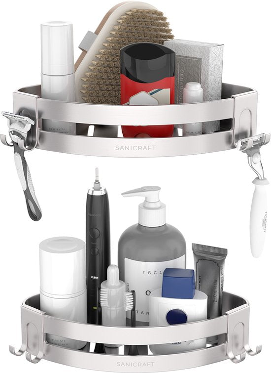 Sanicraft® - Porte-douche - Porte-douche sans perçage - Convient à tout type de mur - Porte-douche suspendu - Porte-douche d'angle - Etagère de douche - Inox - 2 pièces
