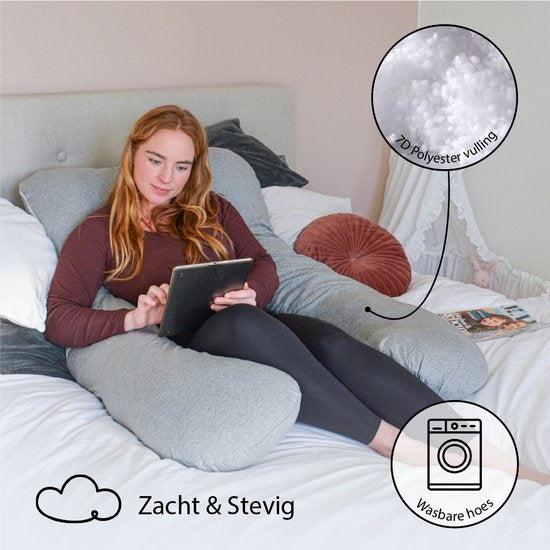 Ella® Maternity Pillow XXL U-Shape - Coussin d'allaitement - Coussin de sommeil en soie - Coussin de corps - Enveloppe amovible en jersey de coton - 140x80cm - Gris clair