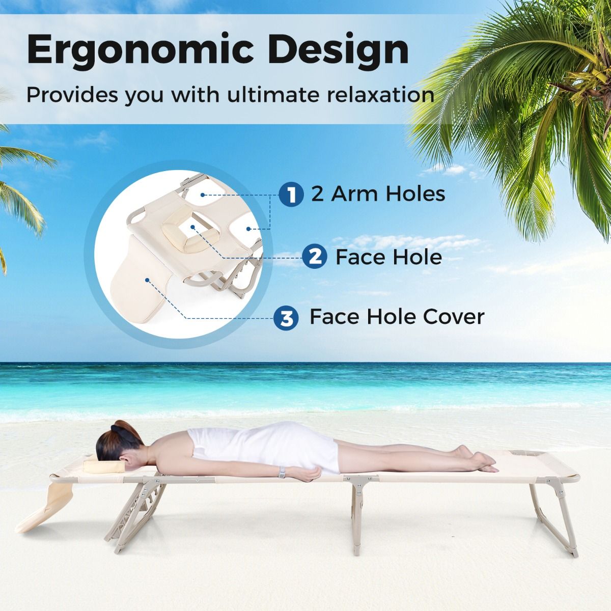 Bain de soleil Coast Beige - Bain de soleil pliable pour la plage et la terrasse avec ouvertures pour le visage et les bras, dossier et repose-pieds réglables - 190 x 56 x 62 cm