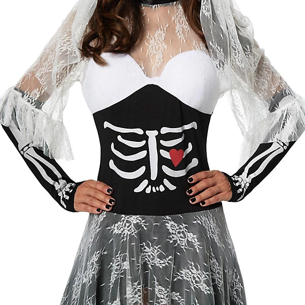 DressForFun : costume de mariée squelette effrayant pour femme – avec col montant en dentelle, bonnets rembourrés et voile – pour Halloween et le carnaval – polyester noir et blanc – taille S