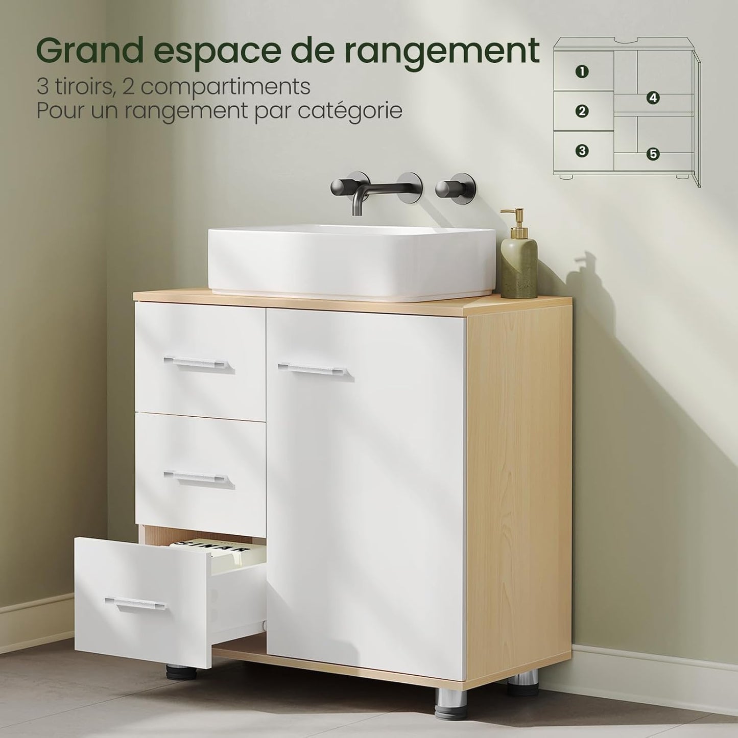 Meuble de salle de bains Eugad blanc/chêne clair - 60 x 60 x 30 cm - 3 tiroirs - Étagère réglable
