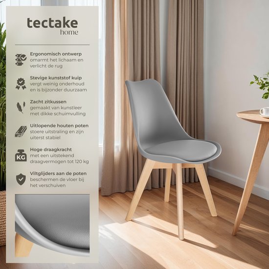tectake® Chaise de salle à manger Frederikke - Lot de 4 chaises de salle à manger avec assise rembourrée en tissu - Pieds en bois massif - Chaises ergonomiques adaptées au salon, à la salle à manger, à la chambre et à la cuisine - Capacité de charge : 120