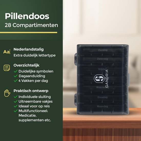 Boîte à pilules Gandria 7 jours - Boîte à pilules amovible - Boîte à médicaments avec 28 compartiments - Boîte à médicaments avec fermeture solide - 4 compartiments par jour - Noir