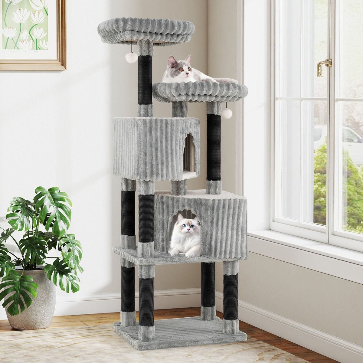 Arbre à chat Coast - 2 niches douillettes - 2 espaces de repos - gris clair - 156 cm