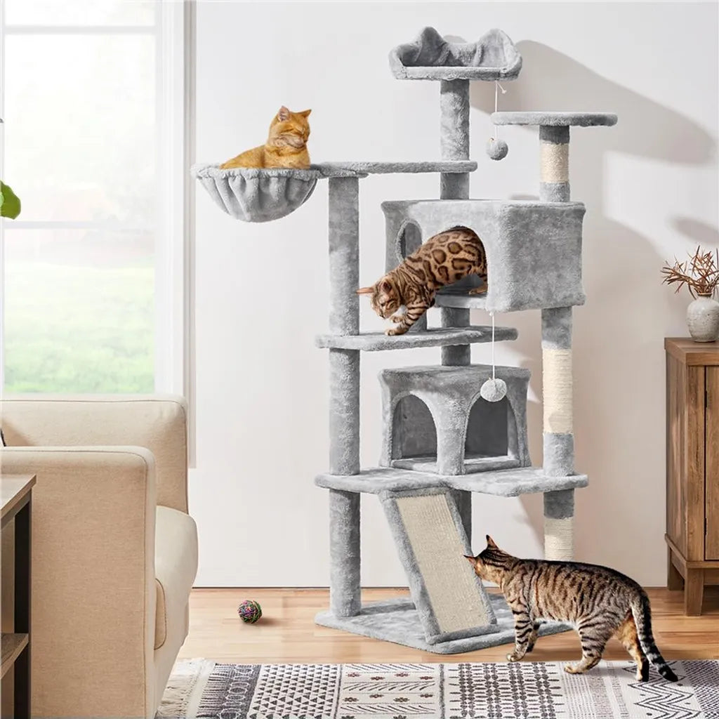 Arbre à chat Yaheetech 146 cm - avec 2 niches pour chats - 3 plateformes d'observation - gris clair