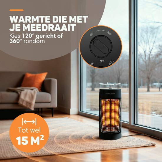 Vulpes Goods® Tech - Chauffage infrarouge - Réchaud électrique - Réchaud infrarouge - Chauffage d'appoint intérieur et extérieur - 1200W - Rotation 120°/360° - 2 niveaux de chaleur - Compact et portable - Silencieux - Résistant à l'eau IPX4 - Noir