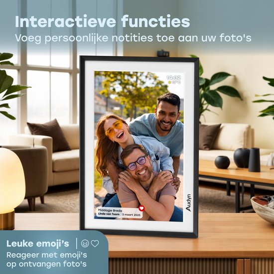 Audyn Cadre photo numérique - HD - avec WiFi - 16GB - écran tactile IPS - fonctionne avec l'application Frameo - Cadre photo