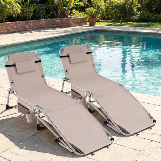 Chaise longue pliable Coast - dossier et repose-pieds réglables - avec ouverture au niveau du visage et poches latérales - beige