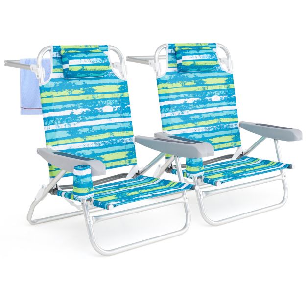 Chaises de plage pliantes Coast 62 x 54 x 80 cm - Lot de 2 - 5 positions - Porte-gobelet - Vert