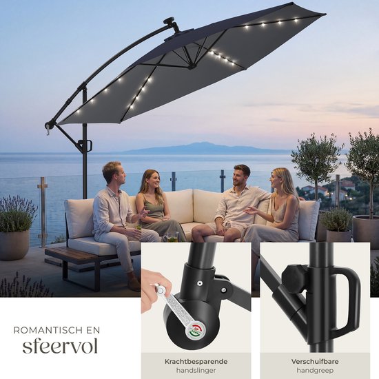 tectake® Parasol suspendu avec pied - 3,5 x 3,5 m - Parasol de jardin avec éclairage LED à énergie solaire - Orientable - Polyester hydrofuge avec protection UV - Housse incluse - Gris