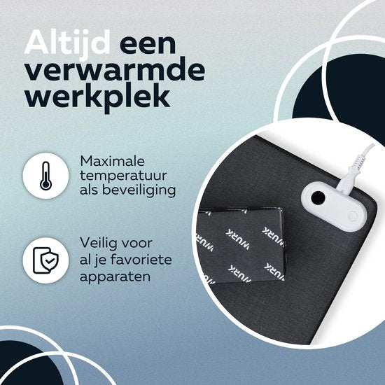 WURK Professional Tapis de bureau chauffant - 30℃ à 50℃ - Organisateur de bureau - Comprend un clip de câble - Noir - 80x33