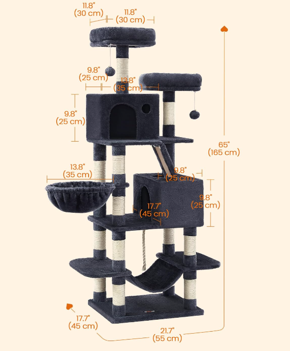 Songmics Arbre à chat 168 cm - Tour pour chat avec 13 poteaux à griffer - Gris fumé