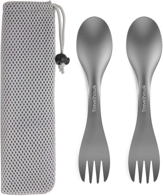 Travelhawk Titanium Spork Set - 2 Pieces - Couverts de camping légers avec fourchette et cuillère en un - Sac de transport inclus**.