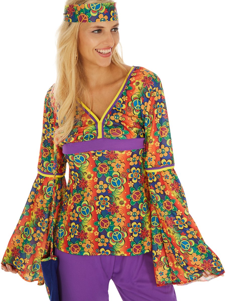 Dressforfun - Costume de hippie pour femme - Costume rétro coloré avec pantalon et haut pour le carnaval et la fête - Taille S