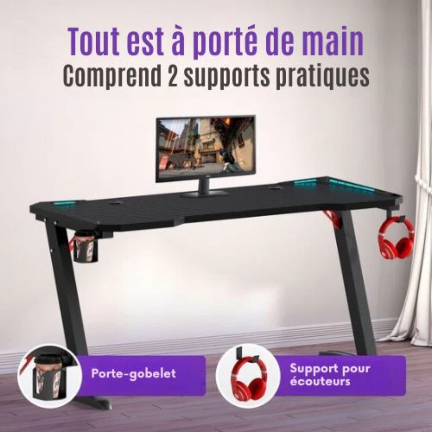 Bureau de gaming - Avalo - 140x60x73 CM - Éclairage LED Intégré - Noir