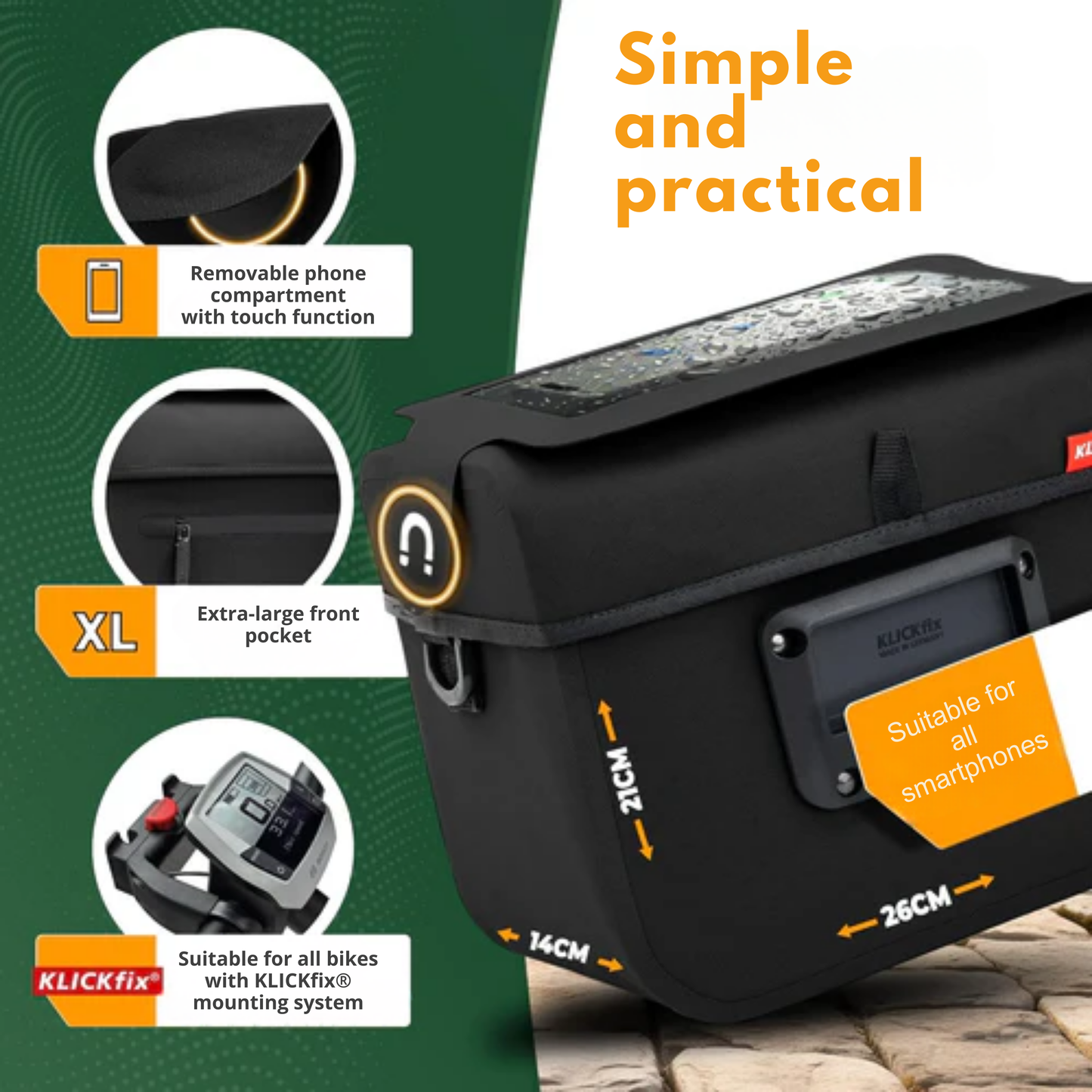 MIVELO Sacoche guidon OSKAR - 6L - Isolé - Déperlant - Poche téléphone - KLICKfix - Noir