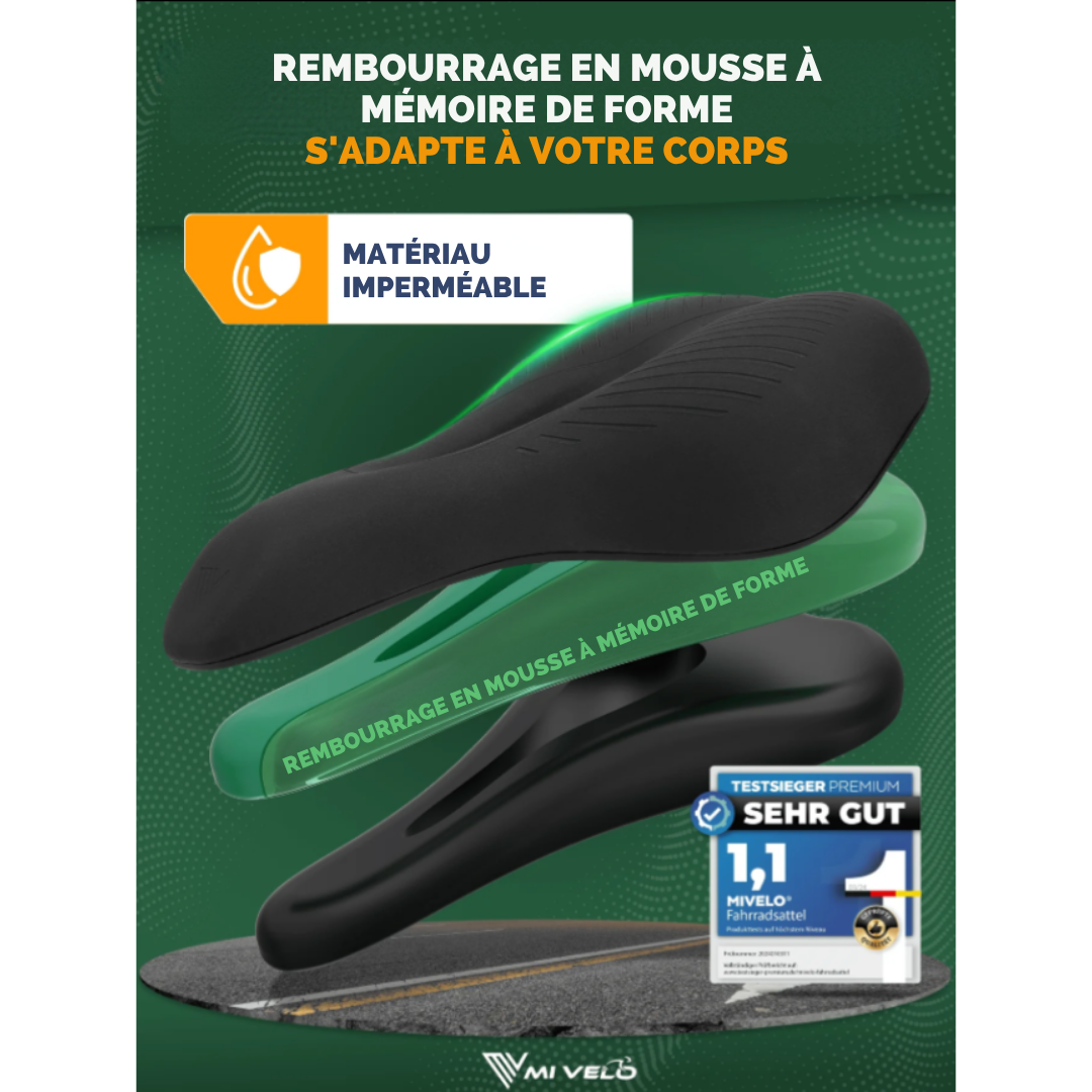 Selle de vélo MIVELO - Mousse à mémoire de forme - 100% étanche - Universelle - Noire