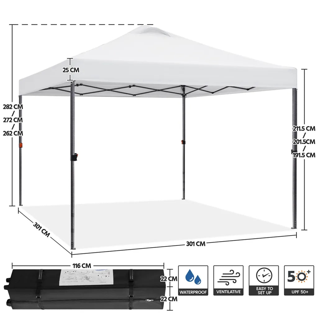 Tente de fête pliable Yaheetech 3 x 3 m - Blanche - Imperméable - Hauteur réglable - UV50+ - Sac de transport et 4 sacs de sable inclus