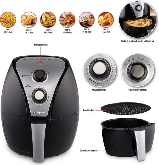 Alpina Friteuse sans Huile XL, Airfryer, 3.2L, 80 à 200°C, 1500W, Noir