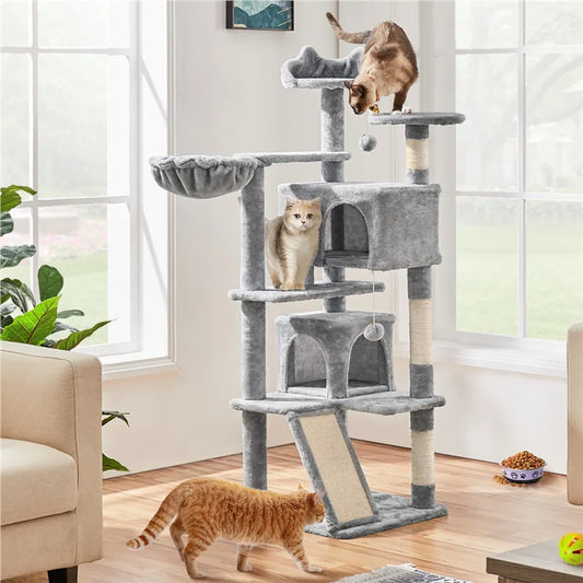 Arbre à chat Yaheetech 146 cm - avec 2 niches pour chats - 3 plateformes d'observation - gris clair
