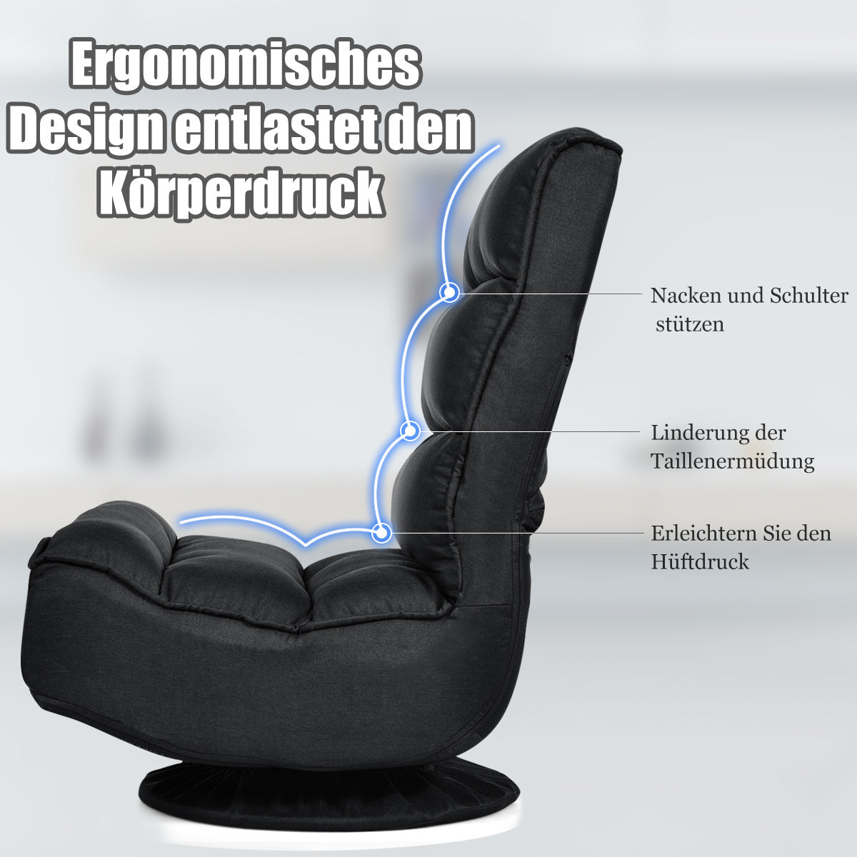 Coast Relax Armchair Floor Chair - Pivotant, pliable, Max. 150 KG - 59 x 75 x 83 cm - tissu/fer - noir