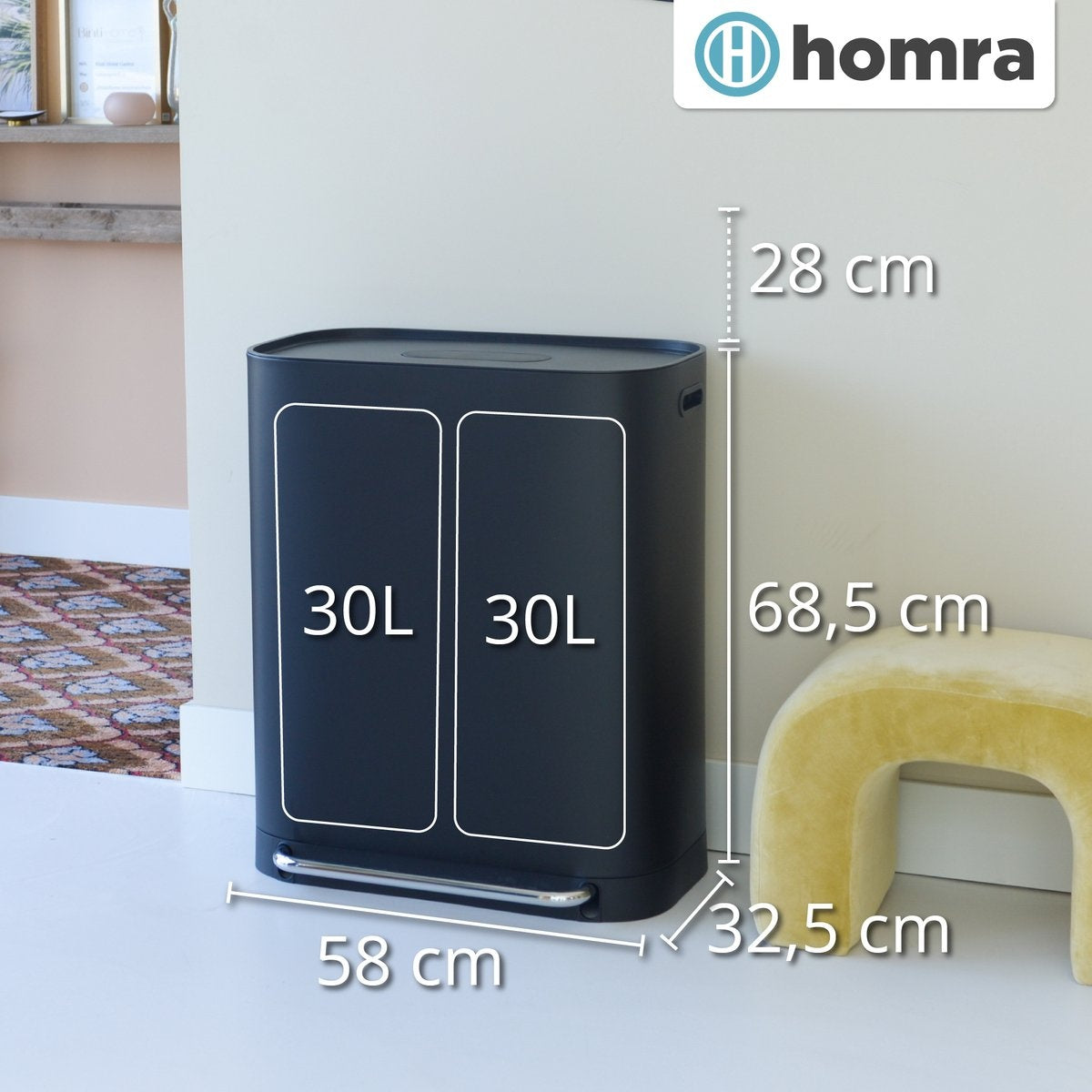 Homra Poubelle à double compartiment 60L  - Pédale en métal - filtre anti odeurs -2x30L - Noir