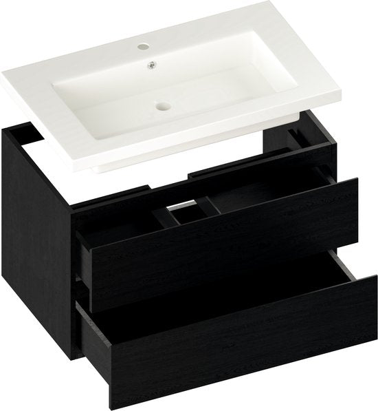 Meuble de salle de bains Mirlux en chêne noir 80 cm - Lavabo blanc - Ensemble de meubles de salle de bains - Meuble-lavabo en chêne noir