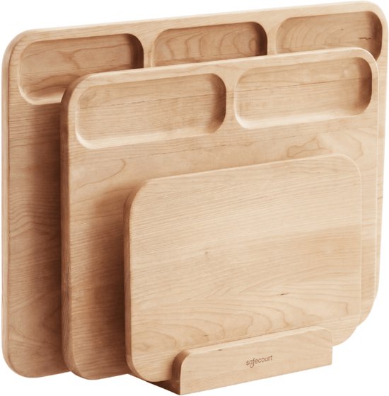 Safecourt Kitchen 3 piece wooden cutting board set [100% free of microplastics] - including storage stand - FSC certified birch wood