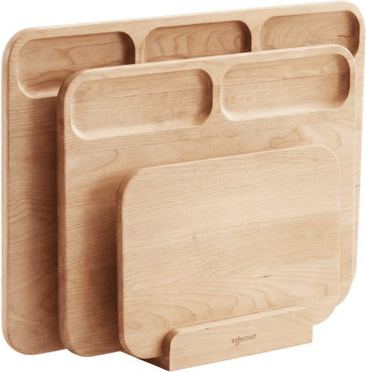 Safecourt Kitchen 3 piece wooden cutting board set [100% free of microplastics] - including storage stand - FSC certified birch wood