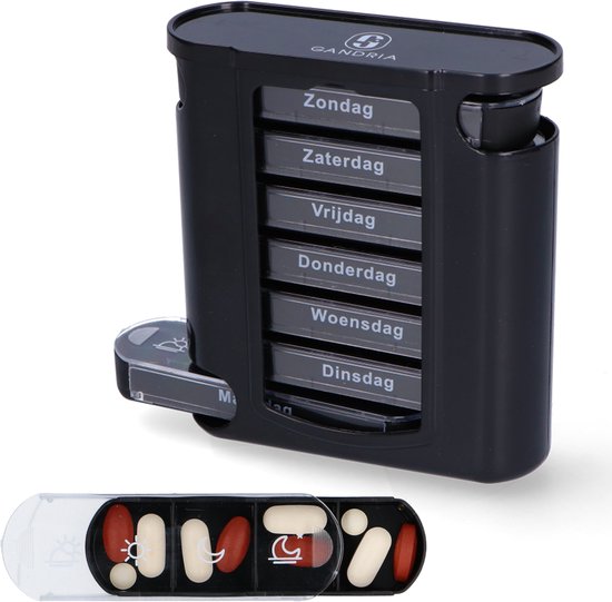 Boîte à pilules Gandria 7 jours - Boîte à pilules amovible - Boîte à médicaments empilable avec 28 compartiments - Boîte à médicaments avec fermeture solide - 4 compartiments par jour - Noir