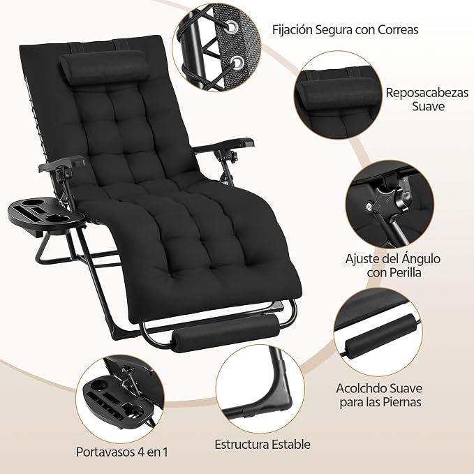 Chaise longue pliable Yaheetech Zero Gravity - Noire - Chaise de détente avec coussin, repose-pieds et porte-gobelet, jusqu'à 200 kg