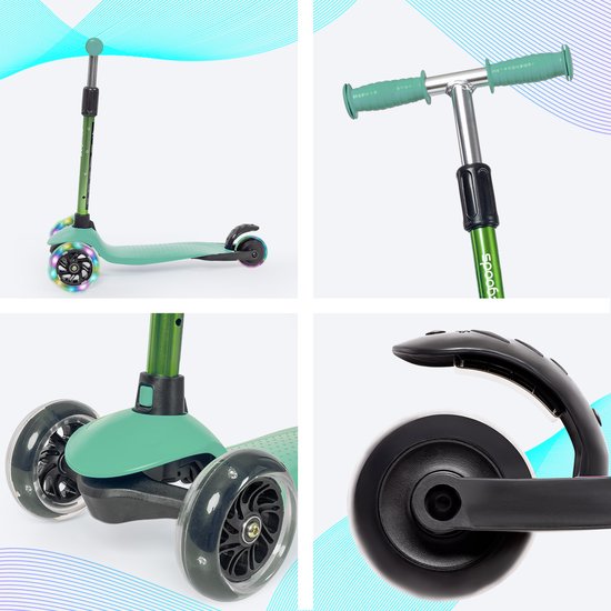 Trottinette LifeGoods pour enfants - 2 à 5 ans - 3 roues lumineuses à LED - Hauteur réglable - Garçons/Filles - Vert menthe
