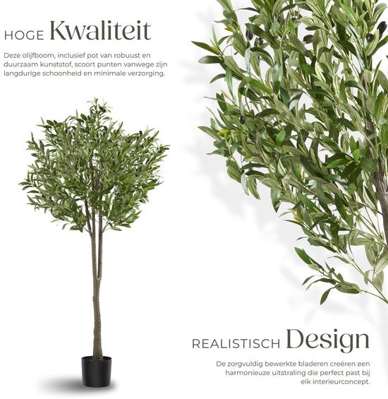 tectake® Olivier artificiel Oleand - Plante artificielle méditerranéenne avec feuilles et olives réalistes - Peu d'entretien et polyvalent - Pot de fleurs robuste inclus - Hauteur : 150 cm