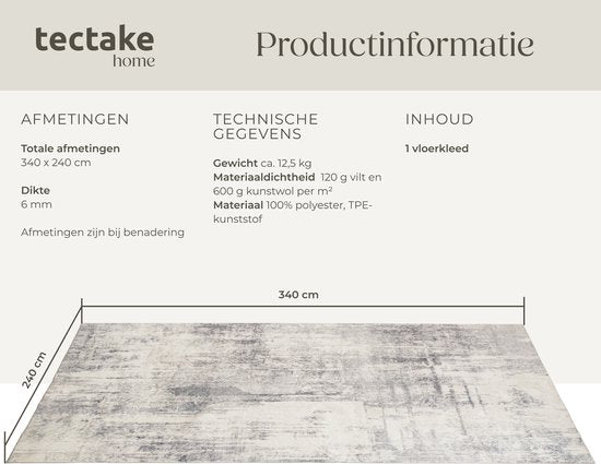 Tapis tectake® au design vintage - Tapis à poils courts pour le salon, la chambre d'enfant, la chambre à coucher ou le couloir - Lavable - Différentes dimensions - 240 x 340 cm - beige/gris