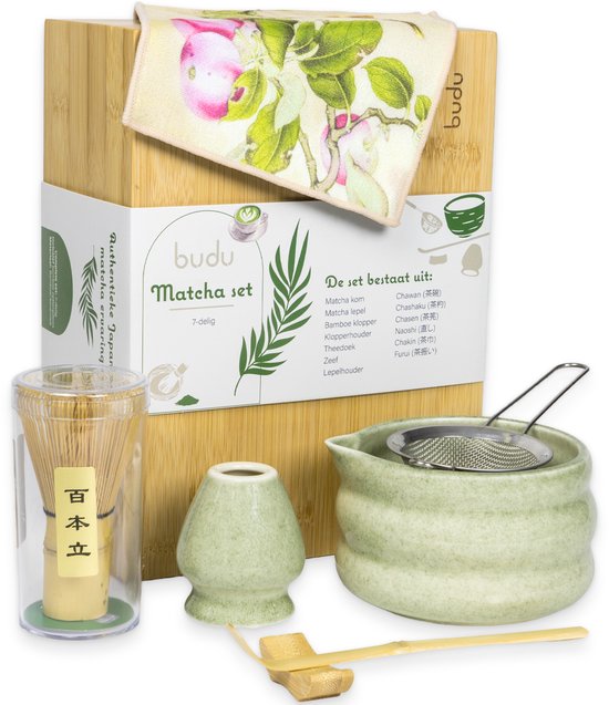 Budu Matcha set 7 pièces - Fouet à Matcha - Bol à Matcha - Fouet à Matcha - Kit de démarrage Matcha - Tamis - Set cadeau Matcha - Cadeau de Noël