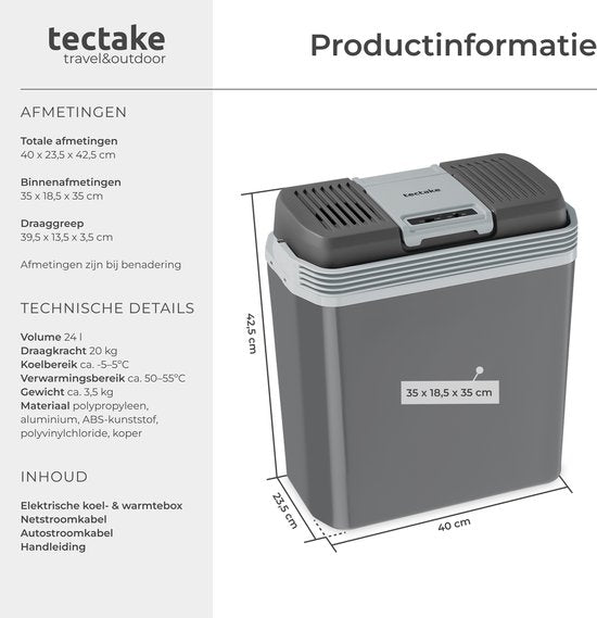 Glacière tectake® - Électrique - 24 litres - Poignée - Glacière pour voiture - Boîte isotherme - Chargeur 12 V et 230 V - Réfrigérateur de camping - Refroidissement et chauffage