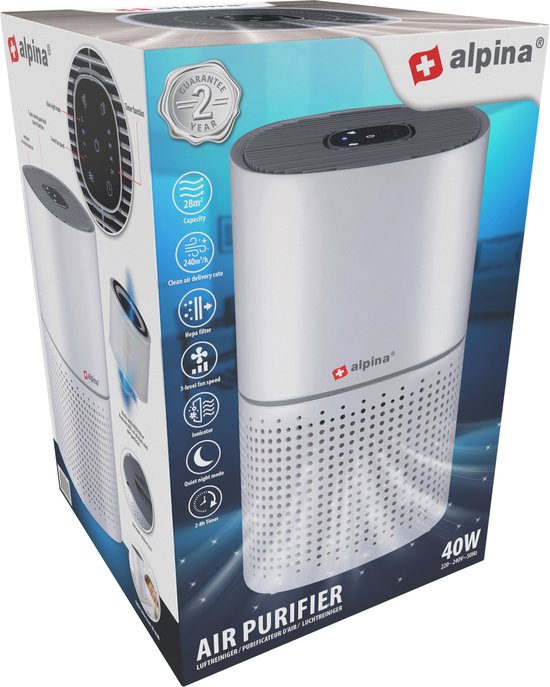 alpina Air Purifier with Ioniser - Purificateur d'air avec HEPA H11 - CADR : 240 m³/h - Pièces jusqu'à 28 m².