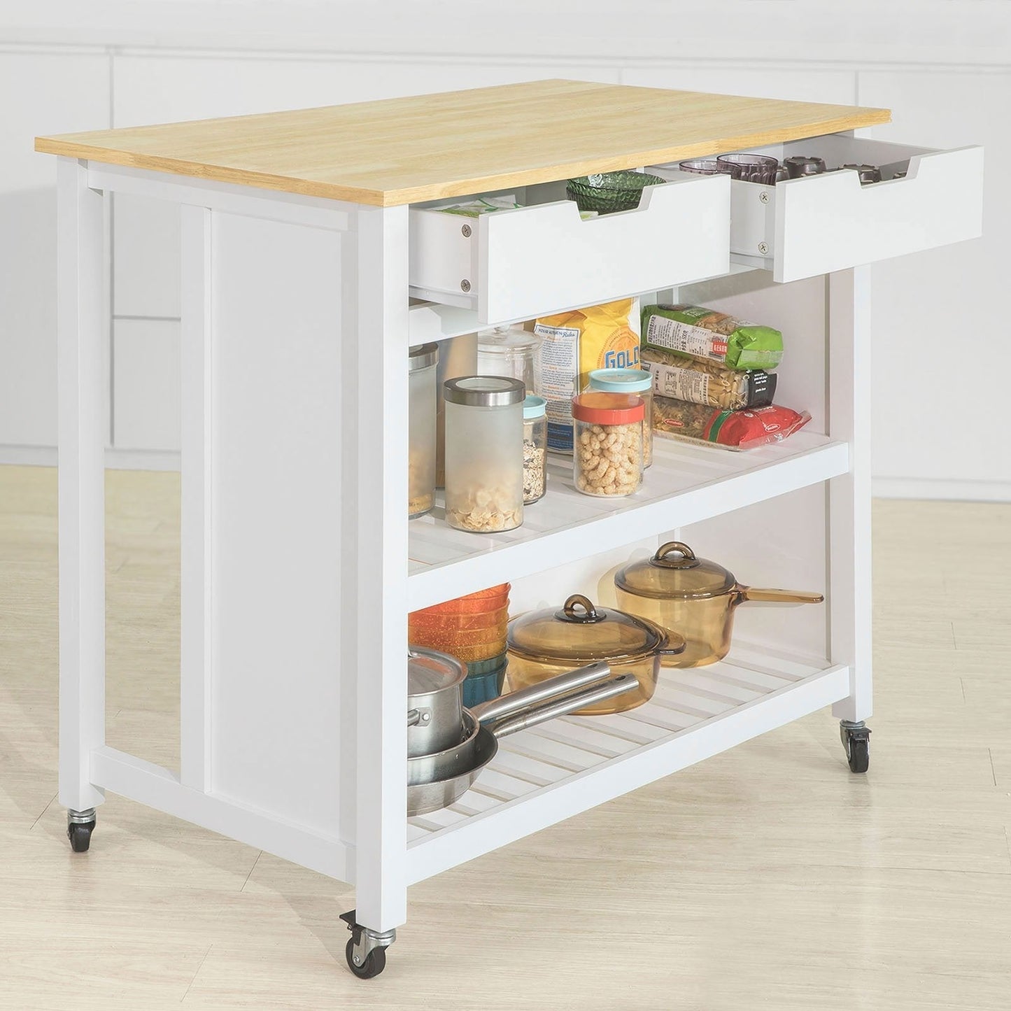 SoBuy - Ilot de cuisine sur roulettes - 100 x 60 x 94 cm - Blanc et bois composite - Chariot de cuisine mobile avec meuble de rangement - Pour cuisine et réserve